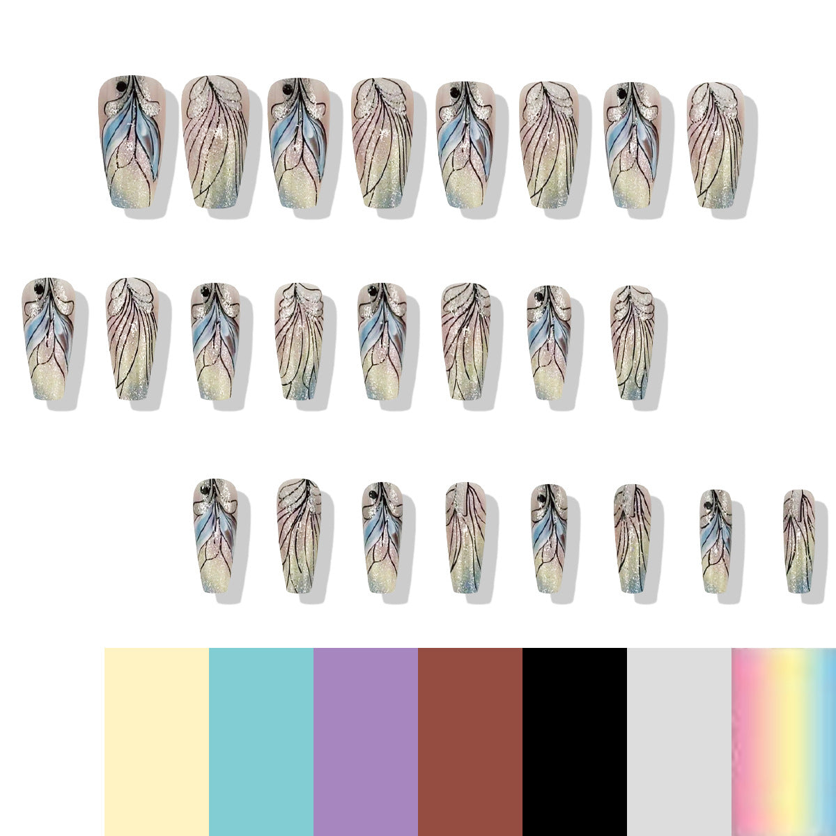 Botanical Bliss Medium Coffin Press On Nail Set in Pastel Hues with Elegant Leaf Design