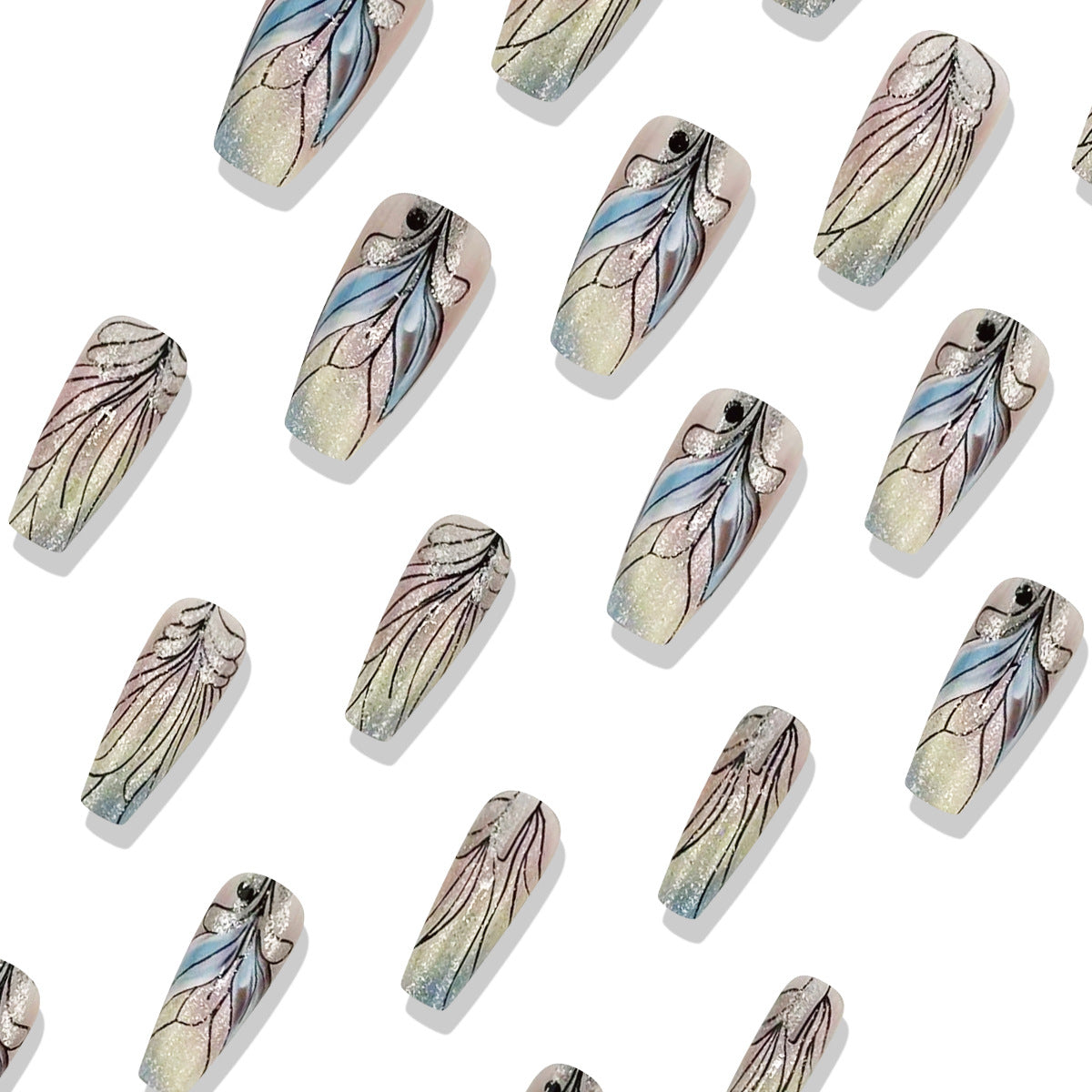 Whimsical Floral Elegance Long Coffin Press On Nail Set in Soft Pastel Gradient with Intricate Hand-Painted Design