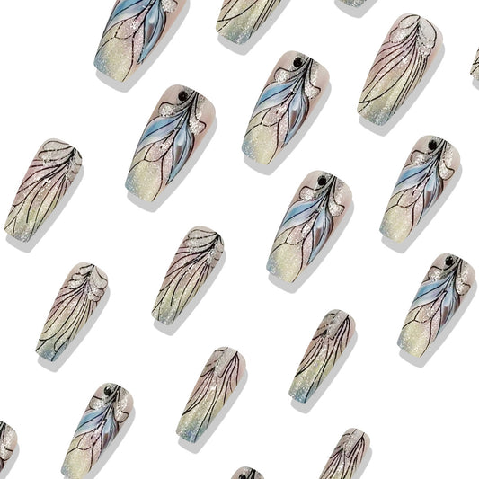 Whimsical Floral Elegance Long Coffin Press On Nail Set in Soft Pastel Gradient with Intricate Hand-Painted Design