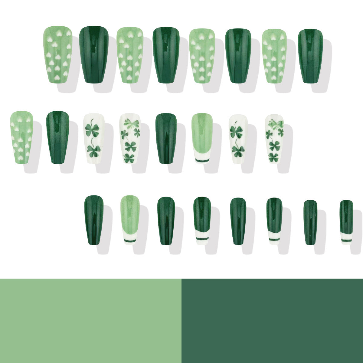 Emerald Enchantment Long Coffin Green Press On Nail Set with Festive Clover Designs