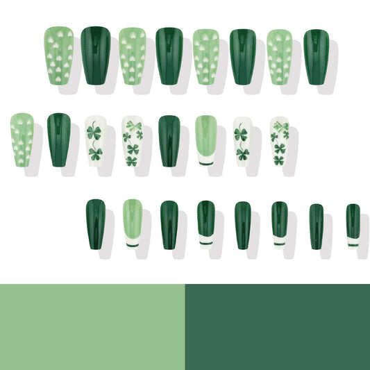Emerald Enchantment Long Coffin Green Press On Nail Set with Festive Clover Designs