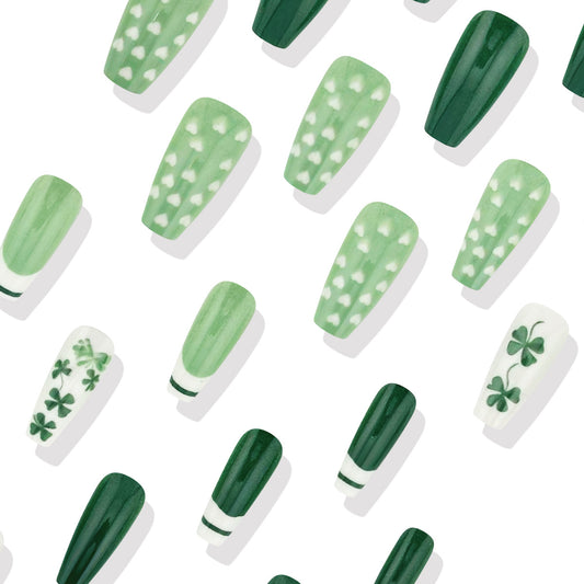 Lucky Clover Inspired Long Coffin Green and White Design with Unique Patterns Nail Set
