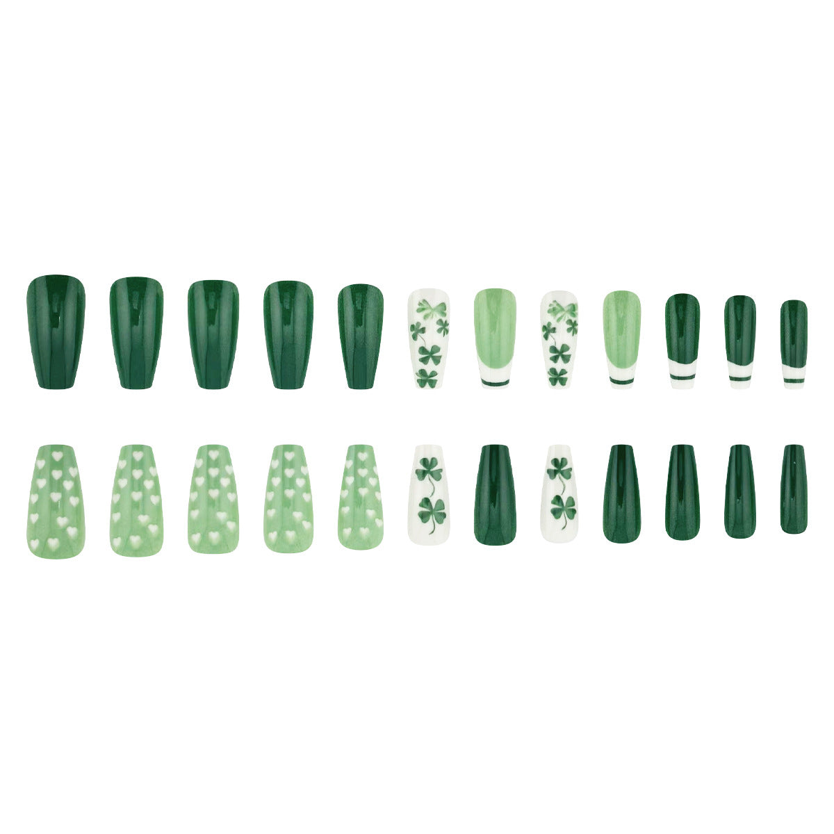 Lucky Charm Emerald Green Long Coffin Press-On Nail Set with Unique Heart and Shamrock Designs