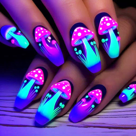 Mystical Forest Glow in the Dark Medium Coffin Shaped Purple Press on Nail Set with Whimsical Mushroom Design