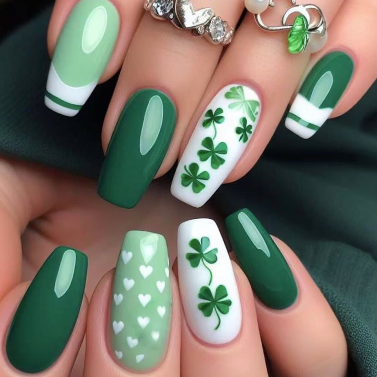 Lucky Clover Elegance Long Coffin Green and White with Stylish Shamrock Designs Press-On Nail Set