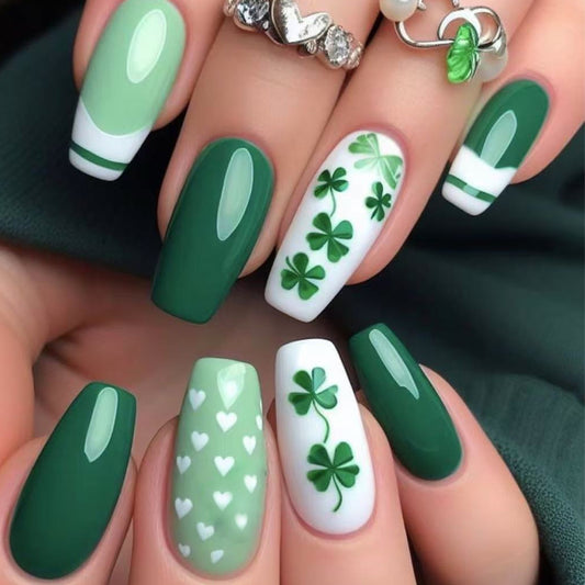 Lucky Clover Elegance Long Coffin Green and White with Stylish Shamrock Designs Press-On Nail Set