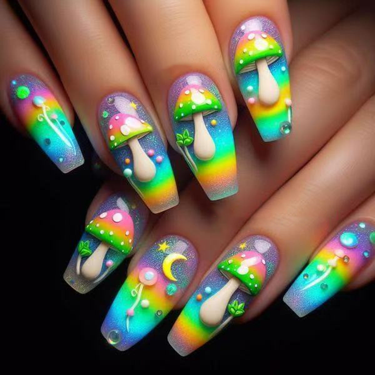 Whimsical Fantasy Medium Coffin Rainbow Colorful Press On Nail Set with Playful Mushroom Art