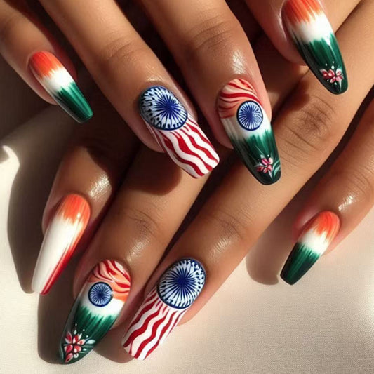 Festival of Colors Long Coffin Green White Orange Red with Intricate Artistic Designs Press on Nail Set