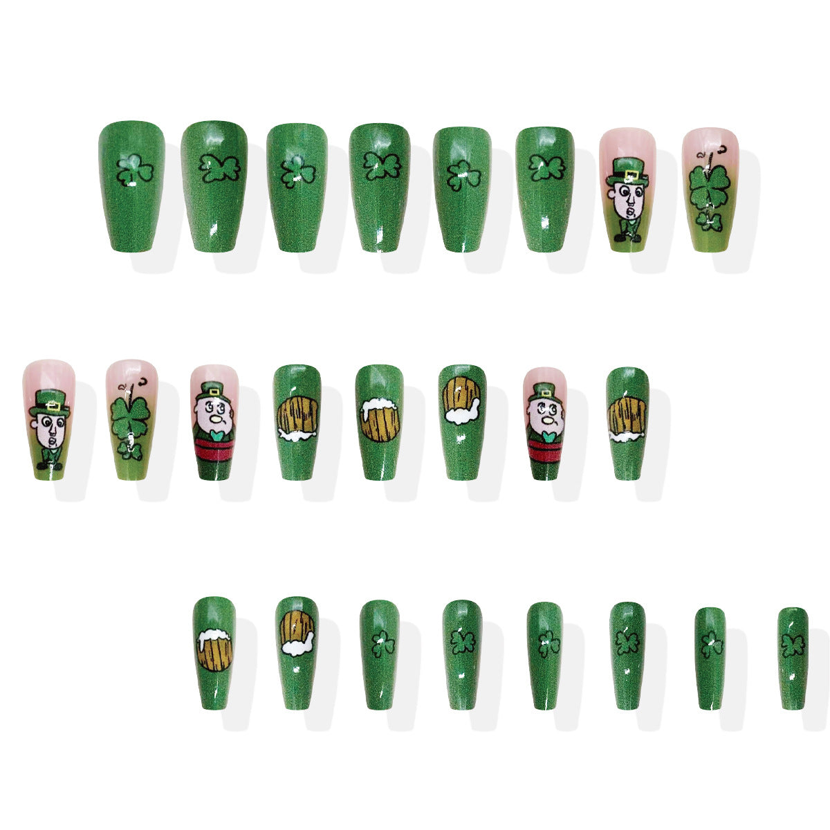 Lucky Charm St. Patrick's Day Long Coffin Green Square Press-On Nail Set with Whimsical Leprechaun and Clover Designs
