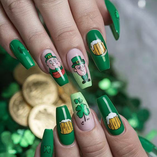 Lucky Charm Glamour Long Coffin Green Nail Set with Fun Leprechaun and Beer Designs