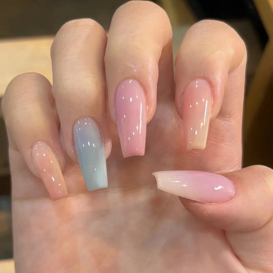 Whimsical Dreamy Ombre Long Coffin Press on Nail Set in Pastel Hues with Iridescent Finish