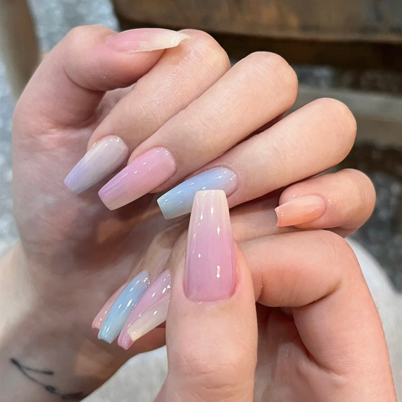 Dreamy Ombre Fantasy Long Coffin Pastel Nails with Iridescent Shine