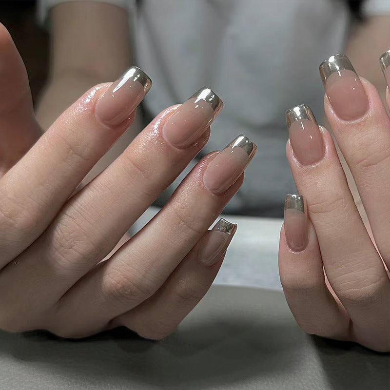 Glamorous Chic Medium Square Shaped Beige and Silver Press On Nail Set with Glossy Finish