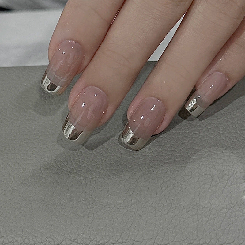 Glamorous Elegance Medium Square Transparent Blush Nails with Shiny Metallic Tips