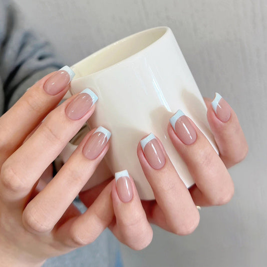 Chic Serenity Elegant Medium Square Shaped Blush Pink with Icy Blue Tips Press On Nail Set