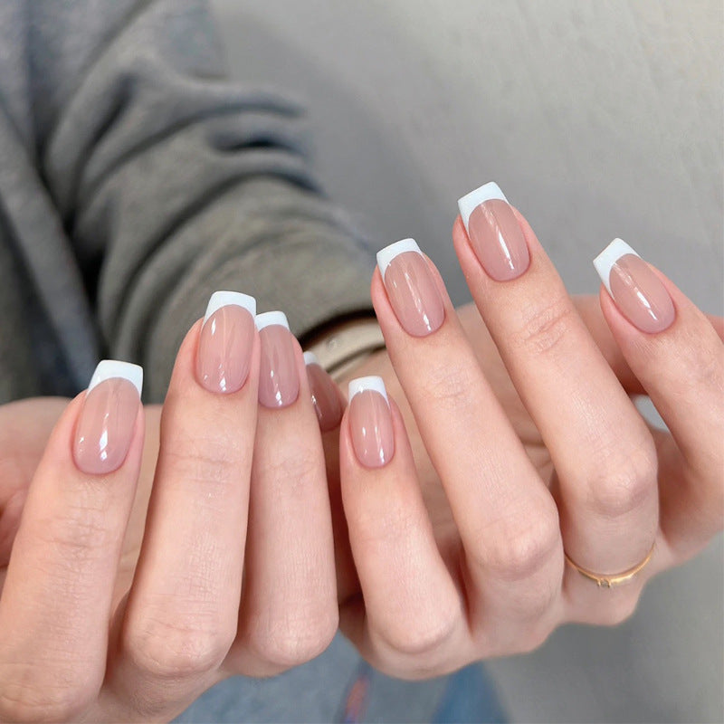 Elegance in Bloom Medium Square Pink with Chic White Tips Press On Nail Set