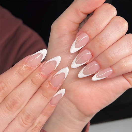 Elegant Dreamscape Long Almond Shaped Glossy Transparent Nails with Chic White Tips