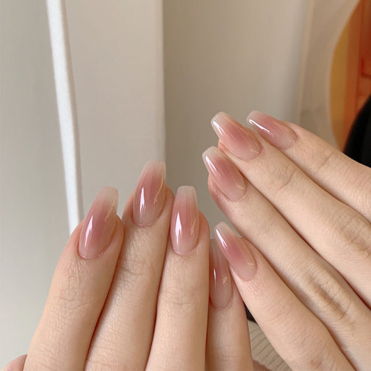 Nature Inspired Elegance Medium Length Coffin Shape Soft Pink Gradient Glossy Finish Press on Nail Set