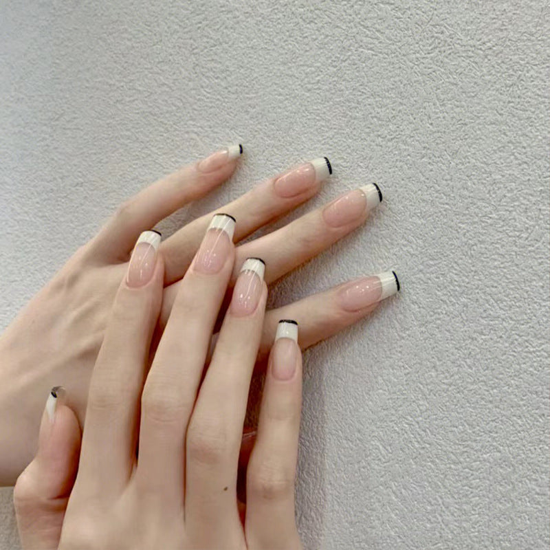 Elegant Enchantment Long Square Shaped Beige with Black Tip Press On Nail Set