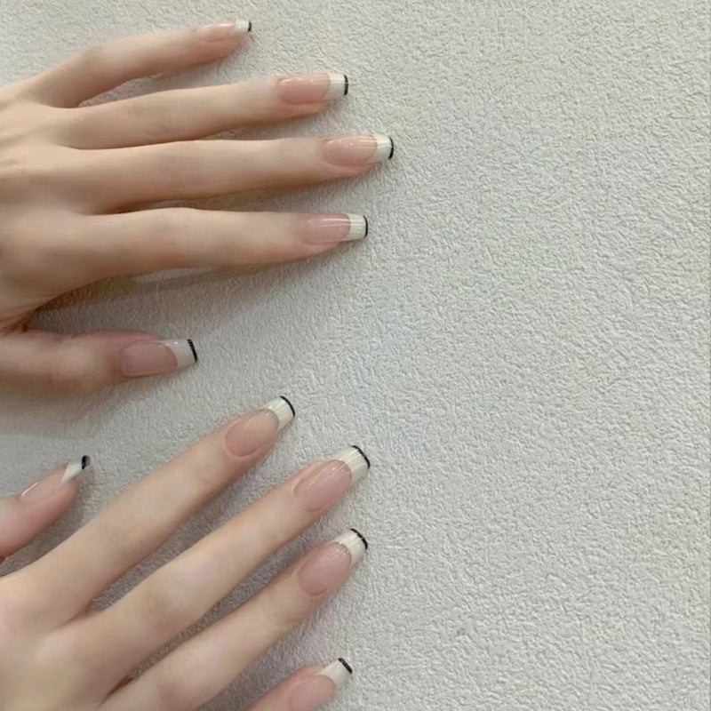 Chic Elegance Long Square Ombre Beige with Black Tips Press-On Nail Set