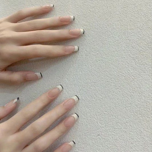 Chic Elegance Long Square Ombre Beige with Black Tips Press-On Nail Set