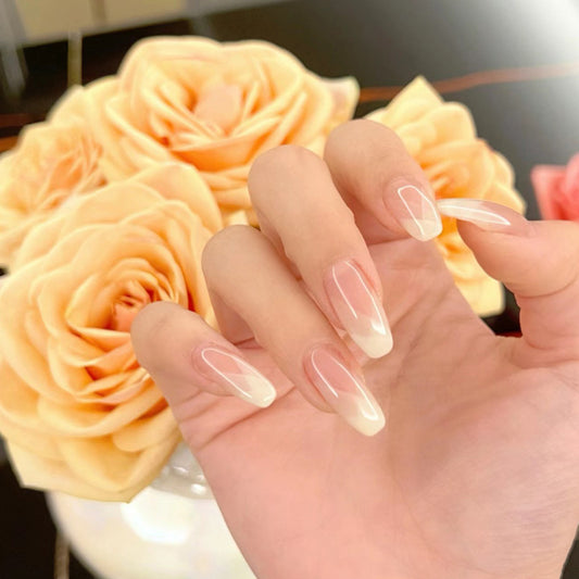 Whimsical Elegance Long French Coffin Clear and White Gradient Press-On Nail Set with Glossy Finish