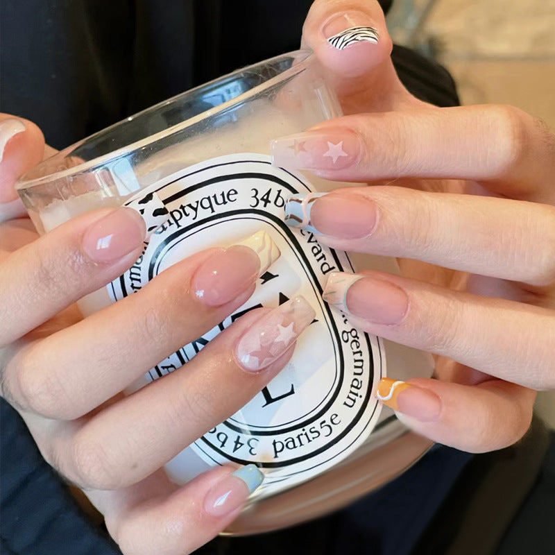 Dreamy Stardust Medium Square Press On Nail Set in Soft Pink with Striking Star and Zebra Designs