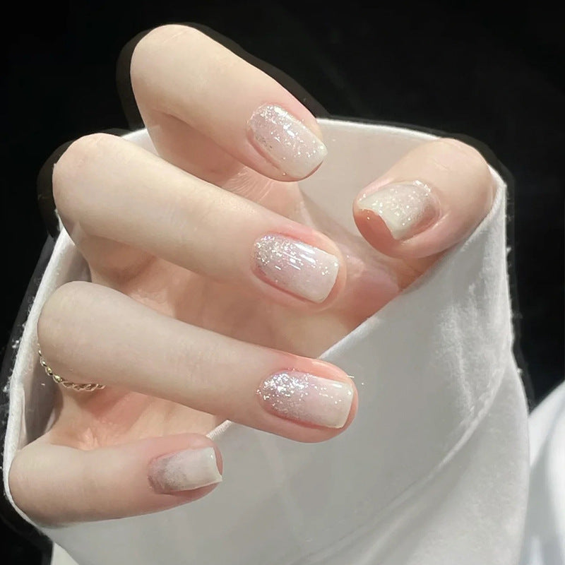 Celestial Elegance Short Square Crystal Glitter Press On Nail Set in Soft White