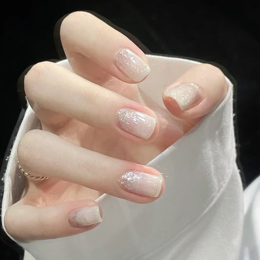 Celestial Elegance Short Square Crystal Glitter Press On Nail Set in Soft White
