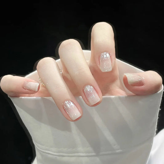 Sparkling Elegance Short Square Gradient Pink and Silver Glitter Press-On Nails Set