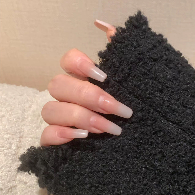 Elegant Frosted Long Coffin Press-On Nail Set for Glamorous Looks in Translucent Ombre with Glossy Finish