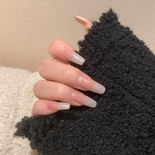 Elegant Frosted Long Coffin Press-On Nail Set for Glamorous Looks in Translucent Ombre with Glossy Finish