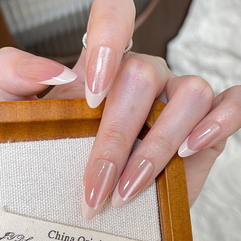 Glamorous Elegance Long Almond Clear Blush with Dazzling Glitter Tips Press On Nail Set