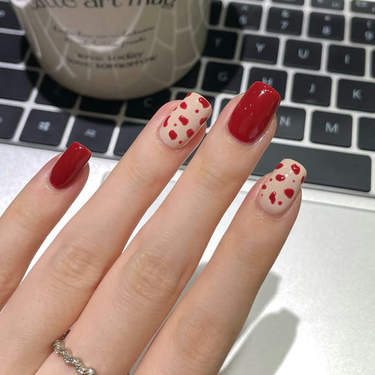 Romantic Heartbeat Medium Square Red and Beige with Charming Heart Dots Press on Nail Set
