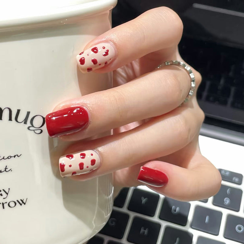 Chic Romance Medium Square Red and Beige with Whimsical Dot Design Press On Nail Set