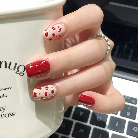 Chic Romance Medium Square Red and Beige with Whimsical Dot Design Press On Nail Set