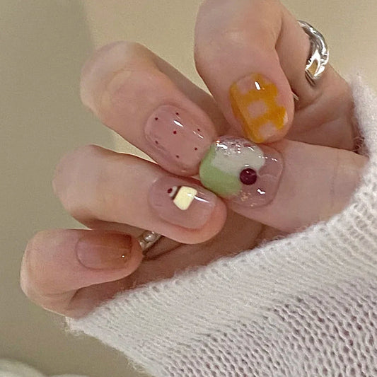 Whimsical Delight Short Square Peachy Pastel with Unique Dessert Designs Press-On Nail Set