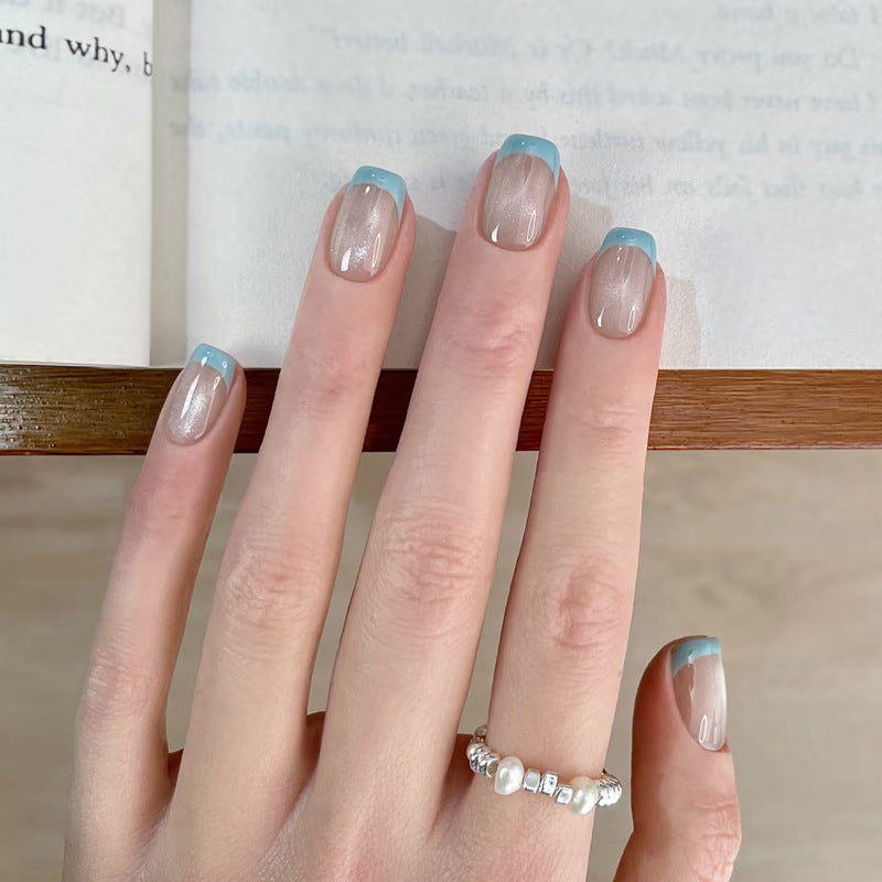 Whimsical Charm Short Square Clear with Blue Tips Unique Ombre Finish Press-On Nail Set