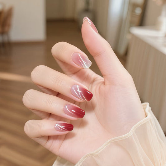 Elegant Romance Long Square Gradient Red and Pink Press On Nail Set with Glossy Finish