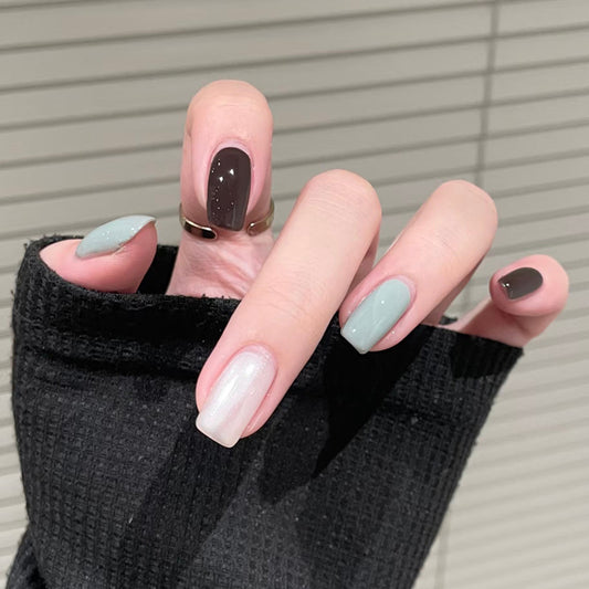 Chic Elegance Long Square Mint Green Deep Brown and Shimmering White Press On Nail Set