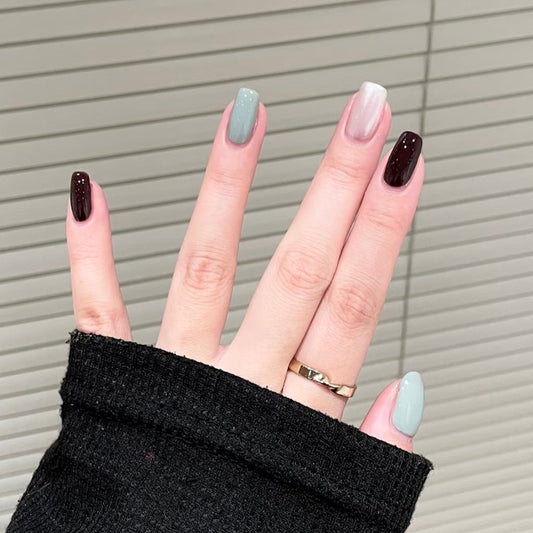 Autumn Elegance Long Square Green and Burgundy Gradient Press On Nail Set with Sparkling Details