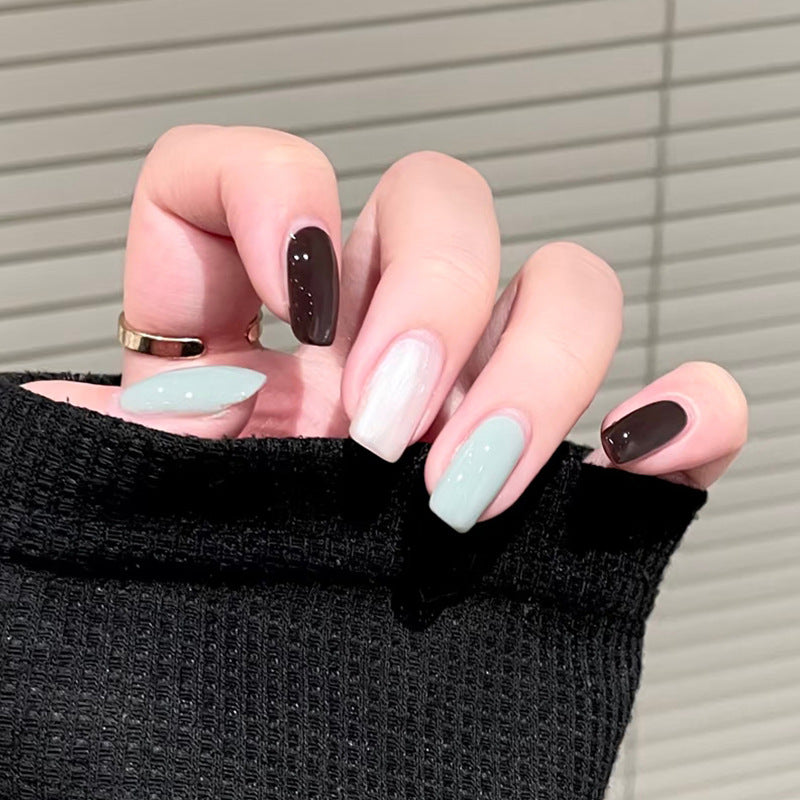 Chic Autumn Harmony Long Square Mint Green and Chocolate Brown Press On Nail Set with Glossy Finish