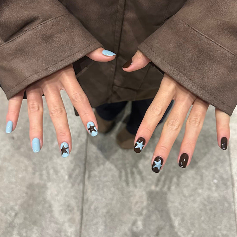 Celestial Dream Press On Nail Set Long Square Shape Elegant Blue and Brown Color with Whimsical Star Designs