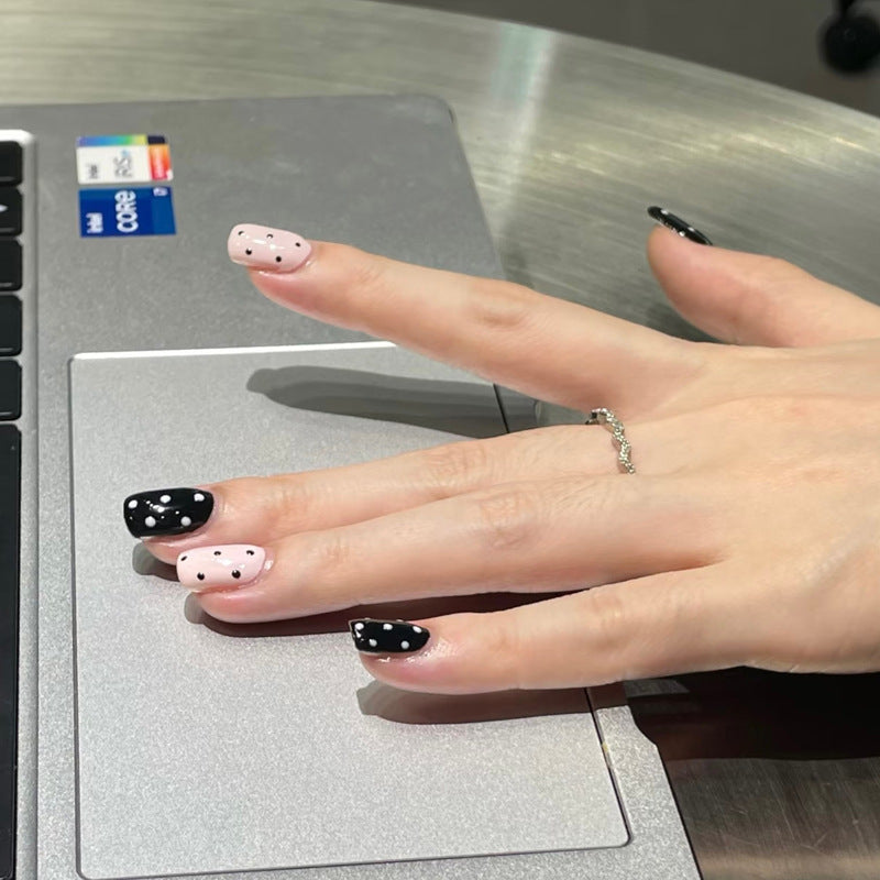Chic Enchantment Long Square Black and Pink Dotted Press-On Nail Set with Glossy Finish
