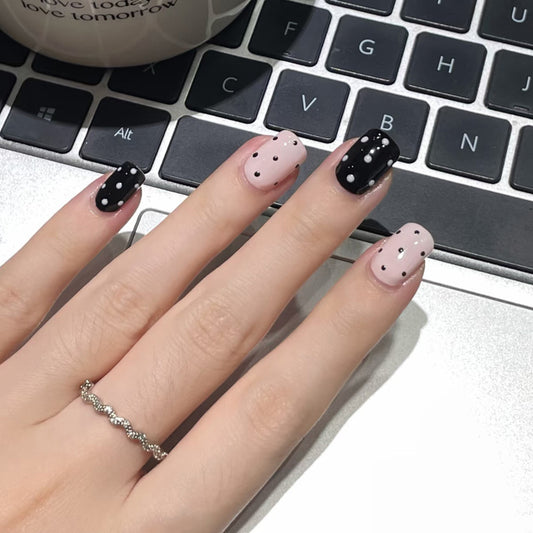 Chic Elegance Medium Square Soft Pink and Black with Dazzling Dot Design Press-On Nail Set