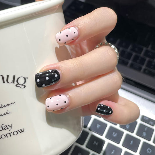 Charming Dots Elegant Medium Square Black and Pink Press On Nail Set with Whimsical Polka Dots