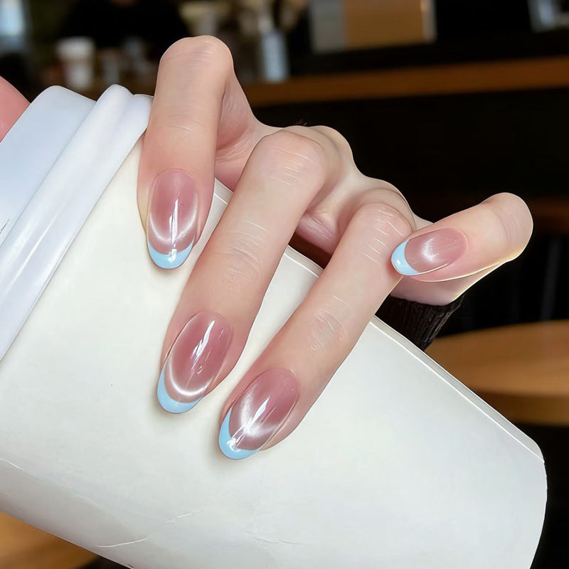 Dreamy Pastel Crescent Medium Oval Shaped Clear Pink Press On Nail Set with Soft Blue Tips