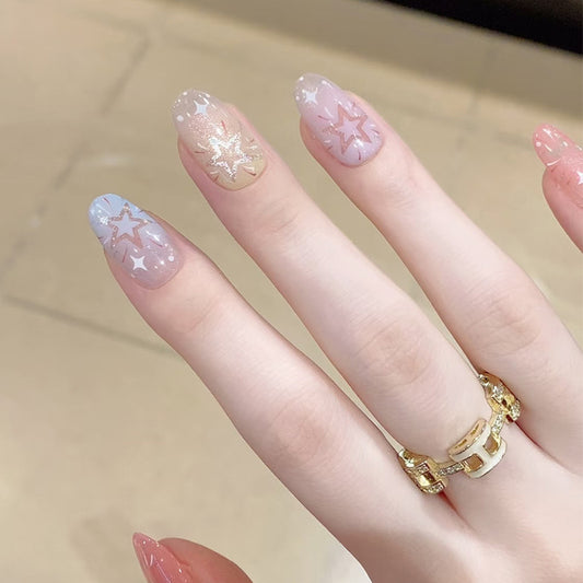 Celestial Dream Press-On Nail Set Long Oval Shaped Pastel Gradient with Star Design