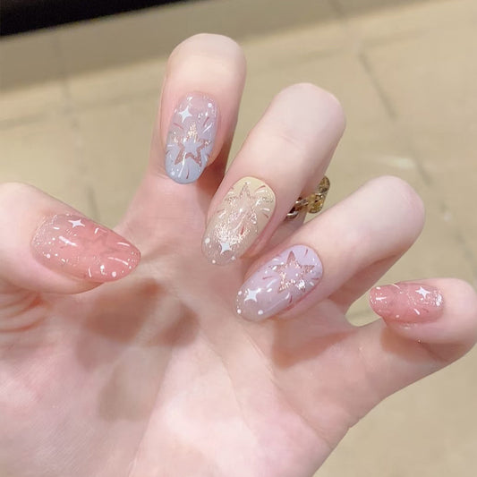 Celestial Dream Blush Ombre Medium Oval Shaped Pastel Colors with Shimmering Star Designs Press On Nail Set