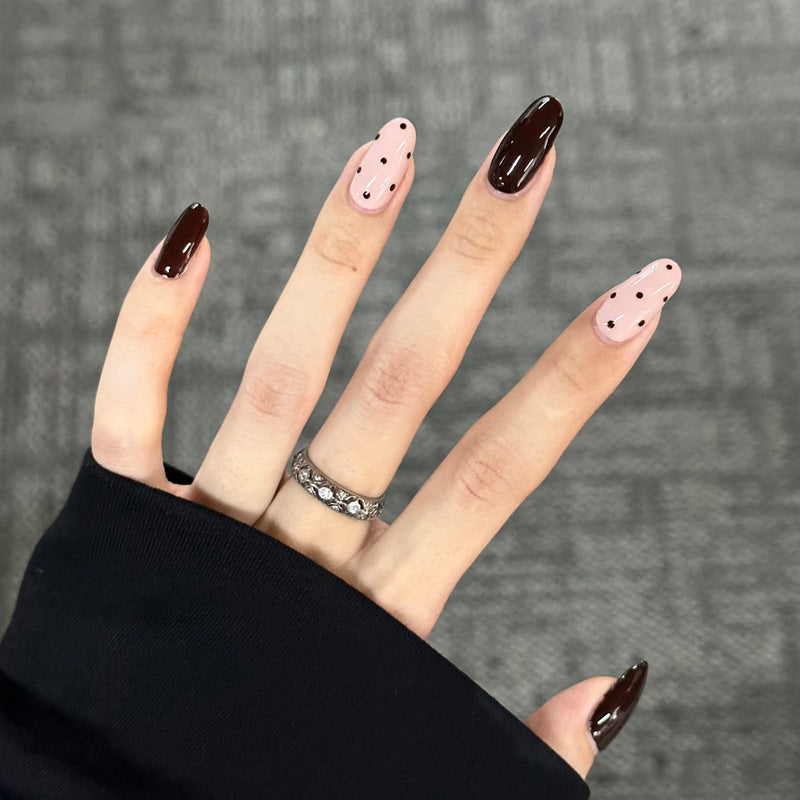 Chic Elegance Long Oval Shape Brown and Pink Polka Dot Press On Nail Set with Glossy Finish